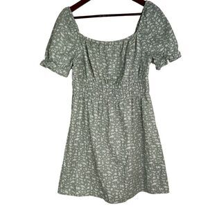 Iris Womens Sage Green Boho Floral Mini Dress Linen Blend Puff Sleeves Large